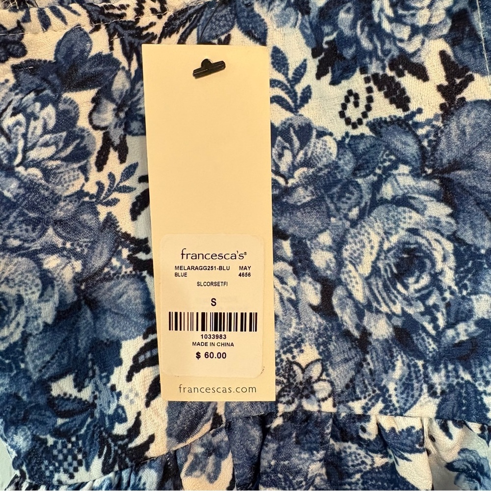 Francesca’s Blue White Floral Toile Corset Fit Flare Mini Dress NWT Size Small S - Picture 2 of 2